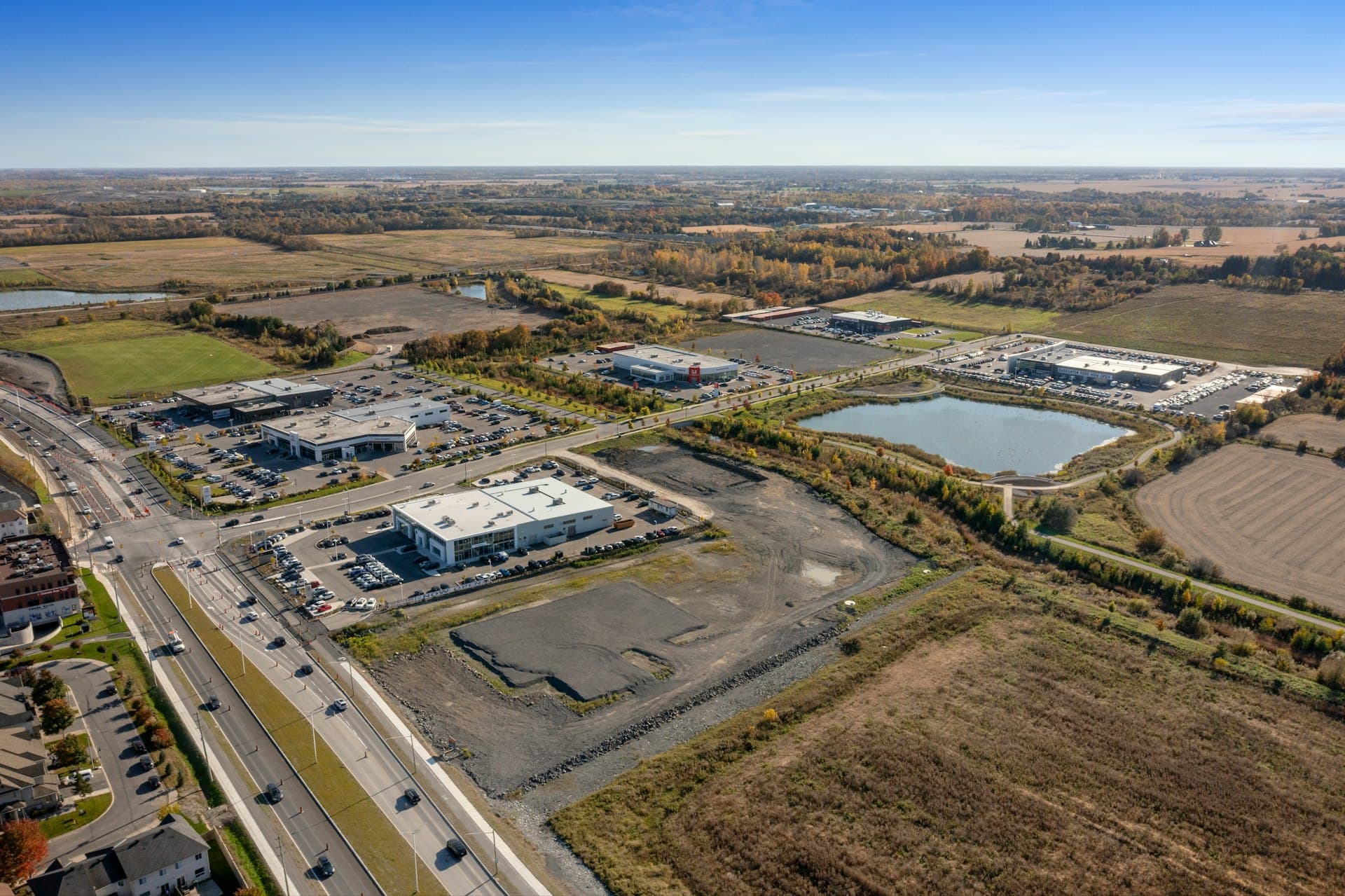 Aerial view of a commercial business park in autumn