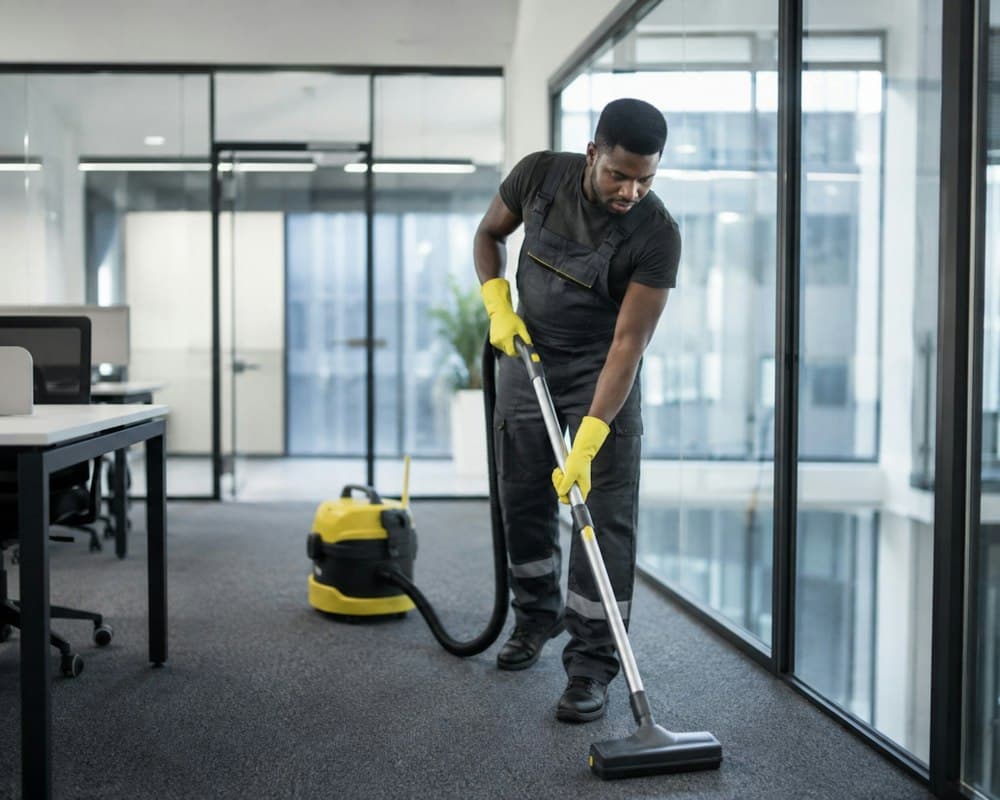 Janitorial technician cleaning a commercial office floor